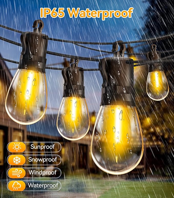 Outdoor String Lights Patio LED - 15M 50FT Outside Waterproof Dimmable | Shatterproof, S14 Porch Light Edison Plastic Bulb Pergola Hanging Balcony Connectable Yard Gazebo Backyard Garden Bistro