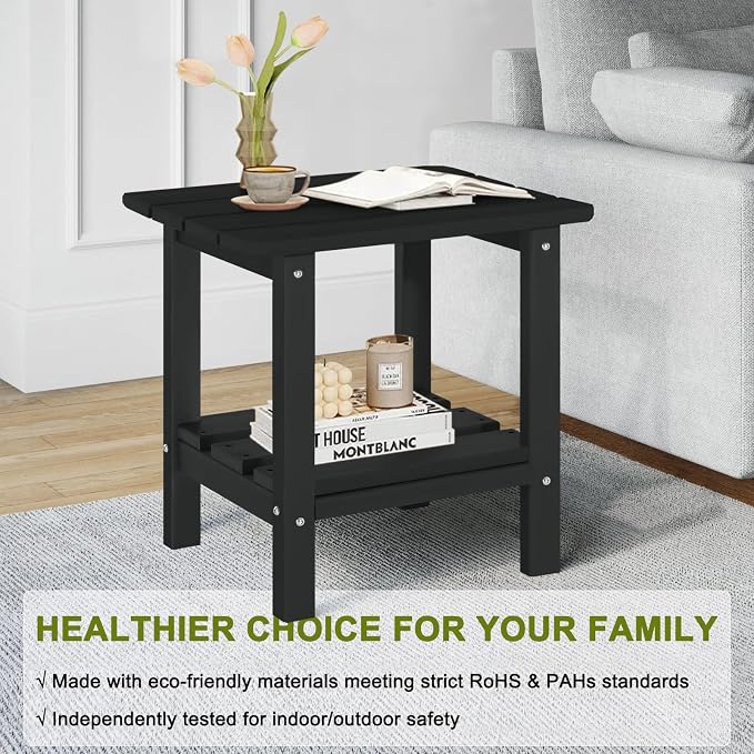 Adirondack Outdoor Side Table, 2-Tier Small Patio End Table, Weather Resistant HDPE Outdoor End Tables for Garden, Lawn, Pool, Beach, Porch, Deck, Backyard - Square, Black