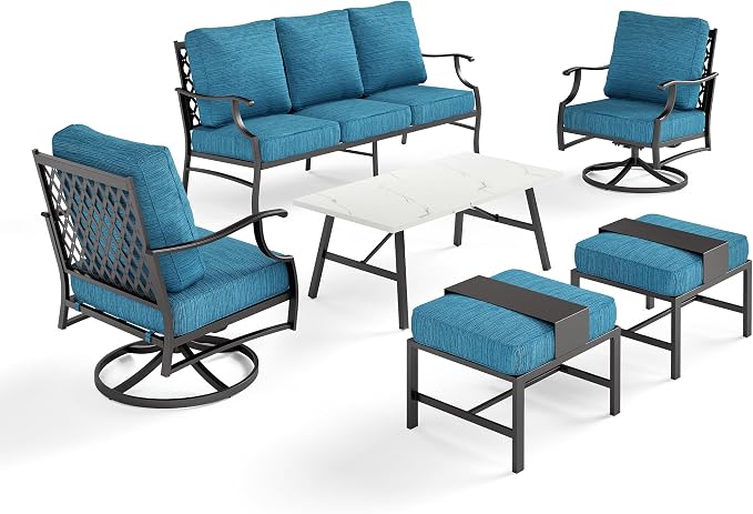 SUNSHINE VALLEY 6 Piece Metal Outdoor Patio Furniture Set, Patio Conversation Sets 3-seater Sofa, 2 Swivel Chair, 2 Ottomans with 5.75" Thick Cushion and Coffee Table, Black Backyard Furniture, Blue-2