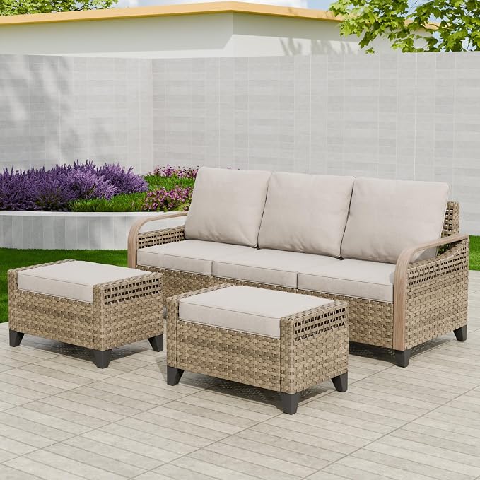 EAGLE PEAK Modern Wicker Outdoor Patio Furniture Set, Patio Conversation Set, a 3-Seat Loveseat and 2 Ottomans, 3 Pieces, Brown/Gray
