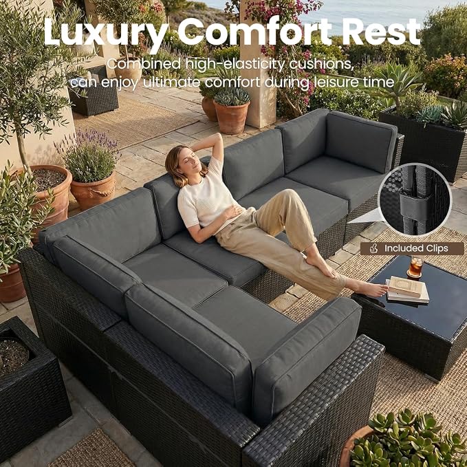 6 Pieces Patio Furniture Set with 44" Propane Gas Fire Pit Table, Outdoor Sectional Wicker Conversation Sofa Sets with Coffee Table