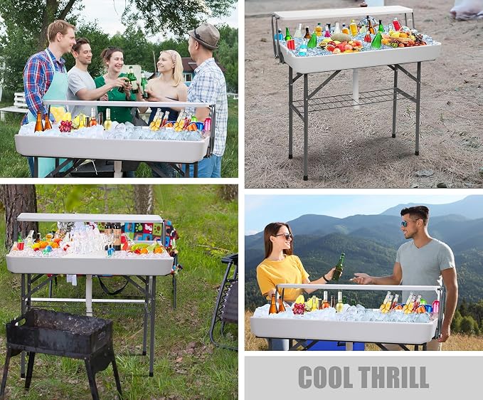 Nice C 4 ft Folding Ice Cooler Table, Party Cooler, Grazing Table, Tables with Drain, Bar Cooler Tables, with Matching Skirt, Storage Shelf (White)