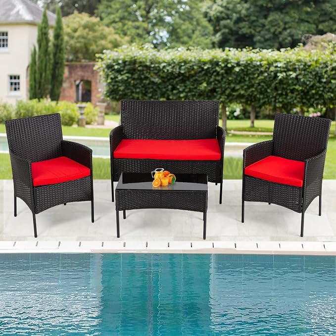 PayLessHere Outdoor Furniture Set 4Pc Modular Patio Furniture Set Water Resistant Conversation Set with 3 Rattan Chairs 1 Tempered Glass Topped Table Seat Cushions for Patio Balcony Poolside, Red