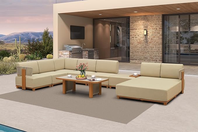 PURPLE LEAF Patio Furniture Set Modular U-Shaped Outdoor Sectional Sofa with 11" Thick Olefin Cushion 8-Piece Outdoor Conversation Set w/Daybed & Ottoman for Backyard Poolside Table Included, Beige