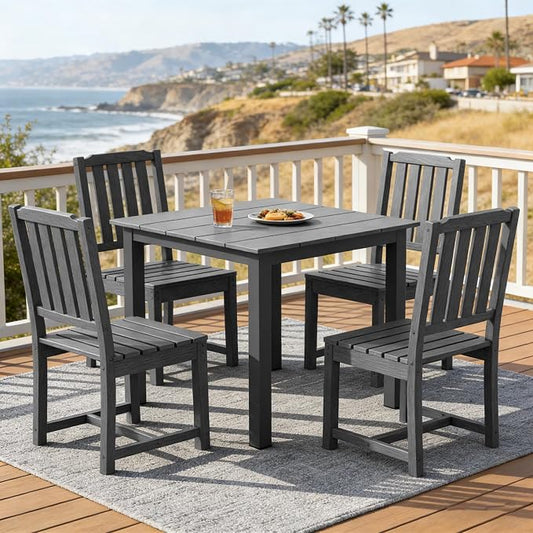 LOUNZY 5 Piece Patio Table and Chairs Set, Weather Resistant HDPE, Gray | 4 seat HDPE patio dining set,fade resistant and waterproof, easy clean, ideal for small outdoor spaces