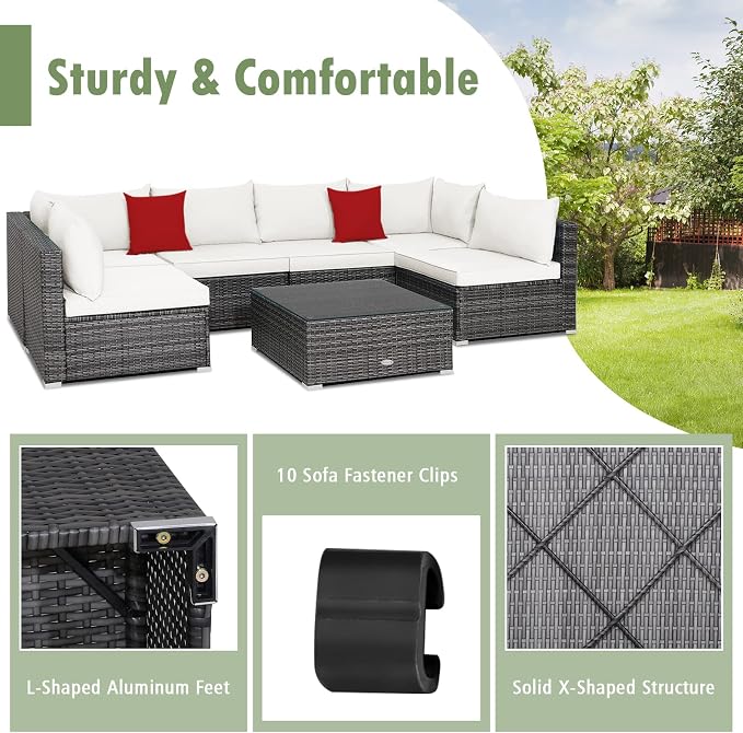 DORTALA 7 Pieces PE Rattan Patio Furniture Set, All-Weather Wicker Conversation Set W/Soft Cushions & Pillows, Coffee Table, Outdoor Sectional Sofa Set for Balcony, Poolside, Backyard, White