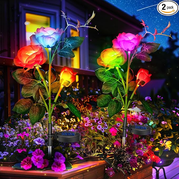 Rose Lights Solar Powered for Women: Garden Light Waterproof for Yard Decorations Outdoor - Flower Lamp Colorful Lighting Cemetery Decor - Mother'S Day Birthday Gifts for Mom Wife 2 Pack Colorful