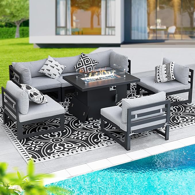 BULEXYARD 6 Seat Large Luxury Aluminum Patio Conversation Set with Fire Pit Table Propane/Gas, 29 inch Deep Wide Sectional Couch, 500 lbs Heavy Duty All Weather Outdoor Sofa for Backyard, Light Gray