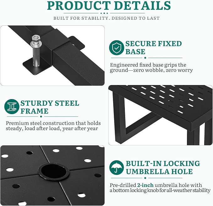 YITAHOME Commercial 38" Square Q235 Carbon Steel Picnic Table, Heavy Duty Metal Outdoor Table Set with Umbrella Hole, Industrial Grade Park Furniture (Black)