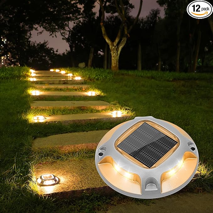 VOLISUN Solar Driveway Marker Lights Dock Marine Led Deck Outdoor 12 Pack | 2 Colors in 1,Solar Powered Waterproof Warning Step Lights for Pathway Garden Sidewalk(White/Warm White)