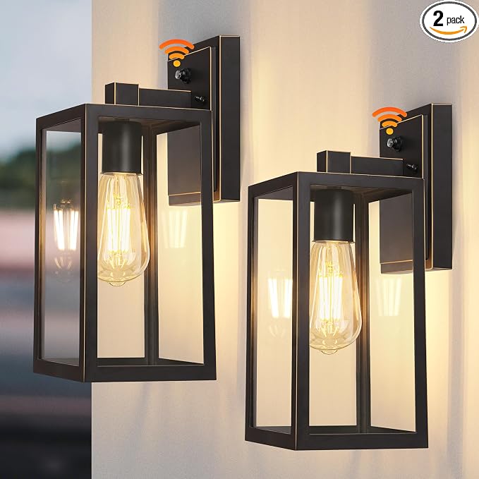 Black Exterior Light Fixtures Wall Mount with Gold Rim, Dusk to Dawn Outdoor Porch Lights Lamp, Sensor Wall Sconce, Waterproof Outdoor Lantern for House Doorway, Garage 2 Pack