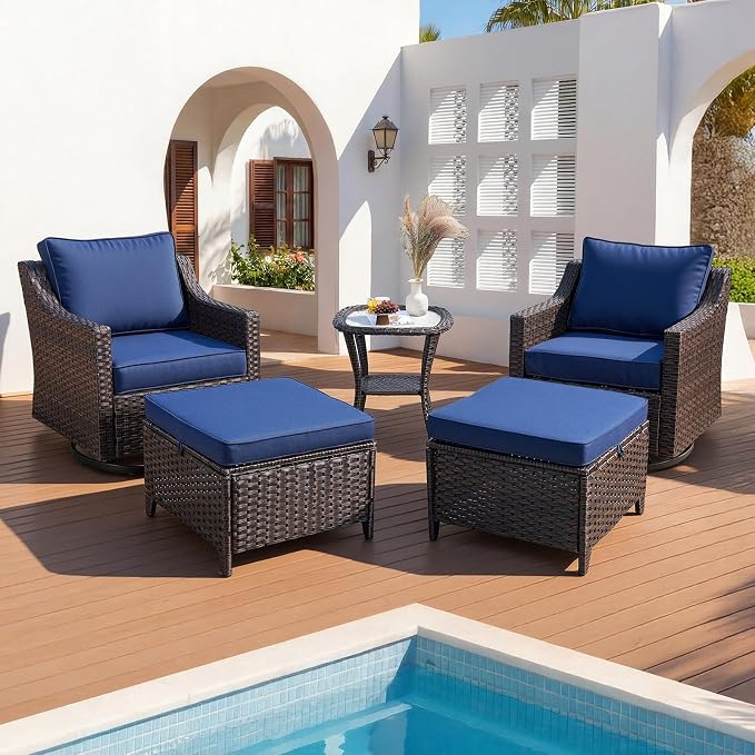 Patio Furniture Set 5 Pieces Luxury Outdoor Swivel Rocker Chairs and Ottomans, Easy Assembly Conversation Set for Porch Deck Balcony Yard in Brown Wicker and Blue Cushions