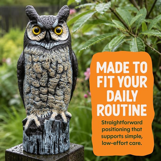 Dalen Lifelike Great Horned Owl Decoy Bird Repellent - 16in Hand-Painted Scarecrow for Gardens & Rooftops, Owl Bird Deterrent, Fixed-Head Design, Fill Base with Sand/Gravel Only - Multicolor