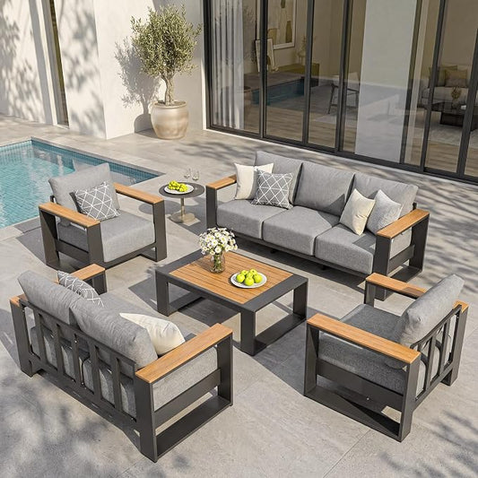 Oversized Aluminum Patio Furniture Set, 5 Pieces Luxury Outdoor Furniture Set with 7.1" Extra Thick Cushion, Modern Outdoor Sectional with Coffee Table for Porch, Garden and Deck, Gray