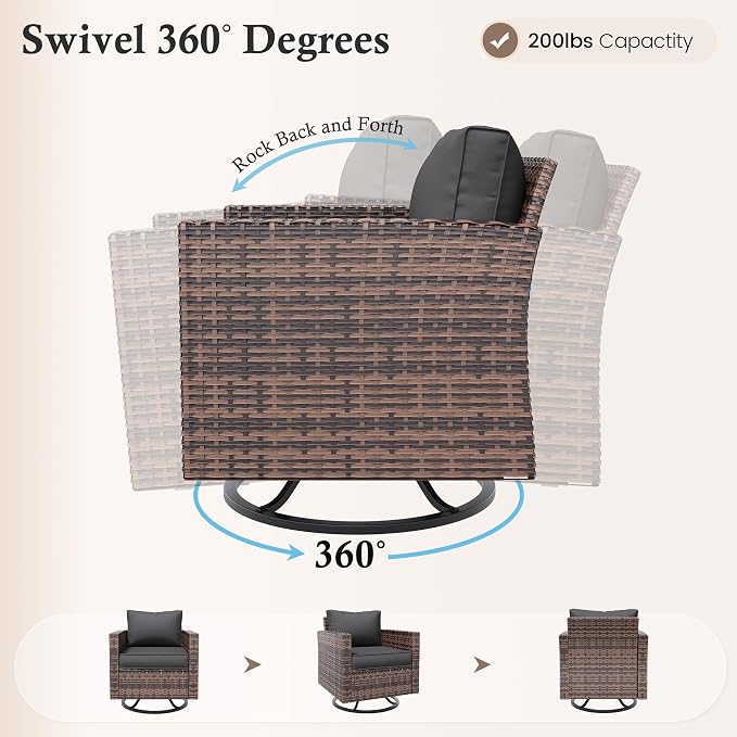 Amopatio Patio Furniture Set with Fire Pit Table, Wicker Outdoor Sectional Sofa with Swivel Rocker Chairs, All-Weather Rattan Conversation Set, Waterproof Cover for Backyard, Deck Brown/Grey 5 PCS