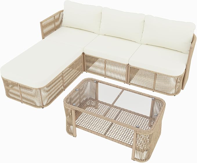 Outdoor PE Rattan Patio Furniture Set Sectional Sofa with Iron Frame, All-Weather Wicker Conversation Set with Thick Cushions and Coffee Table for Garden Backyard Balcony