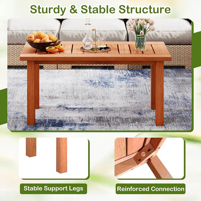 HAPPYGRILL Outdoor Wooden Coffee Table Patio Solid Wood Center Table with Slatted Tabletop, Rectangular Outside Table for Deck, Poolside, Backyard, Garden