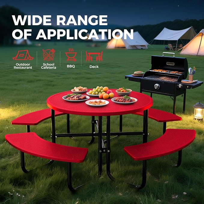 83" Round Heavy Duty Picnic Table for Outdoors Commercial Camping Table with Umbrella Hole up to 1.78" Red Coated Steel Frame Waterproof Rust Resistant 3200 lbs Load Capacity