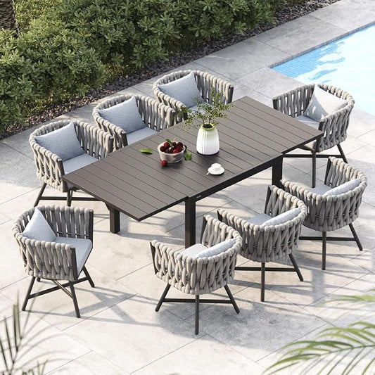 9-Piece Outdoor Dining Set with 360 Swivel Rope Wicker Chairs Expandable Rectangular Patio Furniture Sets for Backyard Porch Balcony Poolside Garden