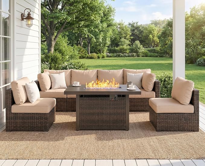 7 Piece Outdoor Patio Furniture Set with 42" Fire Pit, Wicker Furniture Sectional Conversation Sofa Set with Comfortable Cushions, Beige