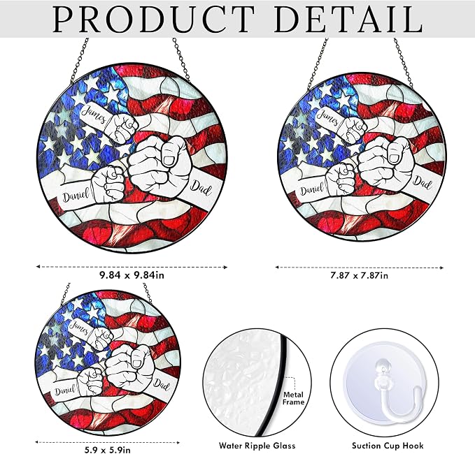 Personalized Fist Bump Dad and Kids Stained Glass Window Hanging Suncatcher - American Flag Background, Heartfelf Father's Day, Birthday Gift (Fist Bump Dad)
