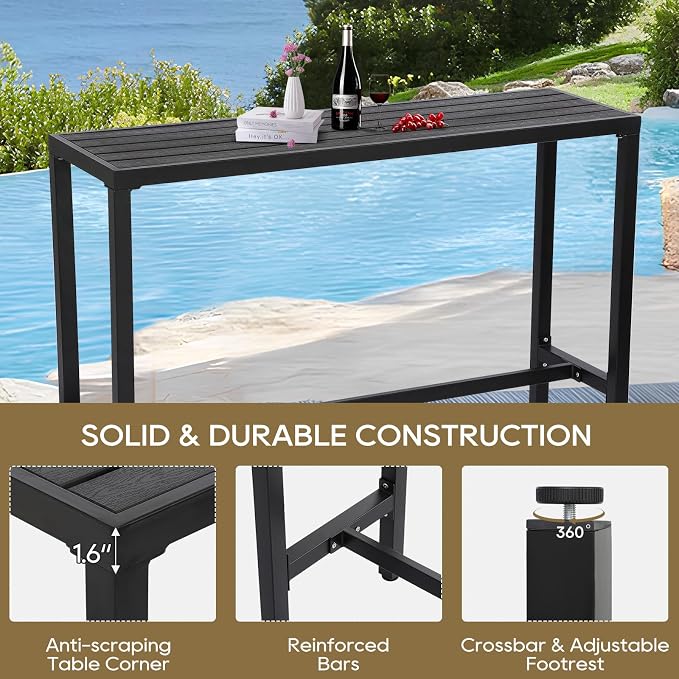 Outdoor Bar Table, 63" Black Patio Counter Height Bar Table, Outdoor Console Table with Weather Resistant Waterproof Top for Hot Tub, Balcony, Garden, Yard, Poolside,Black