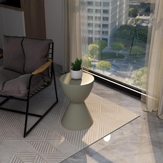 LeisureMod Loft Series Moss Grey Fiberstone Side Table - Modern Hourglass Round Pedestal - 18-inch Weather-Resistant Accent for Outdoor Patio and Indoor Living Room Decor