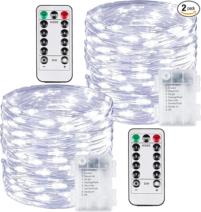 2 Pack 100 LED Fairy Lights Battery Operated with Remote, 33 FT Cool White | Cuttable, 8 Modes, Memory, Dimmable, Waterproof Battery String Lights with Timer for Indoor Outdoor, Christmas Decorations
