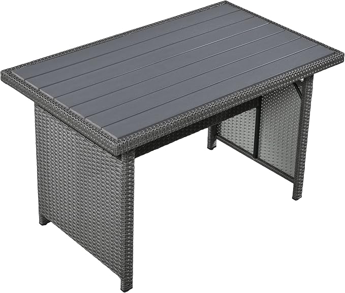 GDFStudio Brava Patio 5-Piece Conversation Set, Outdoor Rattan Sectional Sofa Set with Extendable Side Tables, Dining Table and Bench, L Shaped PE Wicker Furniture Set for Garden, Poolside, Grey
