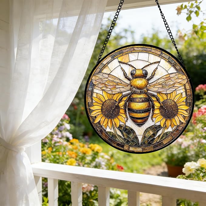 DASTOLL Stained Glass Window Hanging - Bee Sunflower Yellow Suncatcher Ready to Hang Window Doors Home Decoration and Christmas, Mother's Day Birthday Gifts for Women, Men, and Mom 9.8x9.8 in