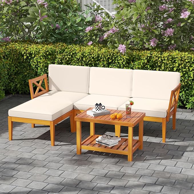 Tangkula L Shaped Outdoor Furniture Set, 5 Pieces Acacia Wood Patio Conversation Set, Modular Outdoor Lounge Sofa Set w/Cushions and Coffee Table for Garden, Backyard, Poolside