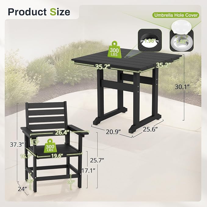COMPISA 5 Piece Outdoor Dining Set, HDPS Patio Table and Chairs Set, 35" Patio Table with 1.96" Umbrella Hole & 4 Chairs, All Weather Furniture for Garden, Backyard, Poolside (Black)