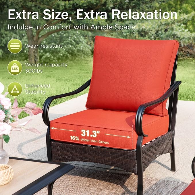 PHI VILLA Patio Furniture Set, Upgraded Wicker & Metal Modern Outdoor Conversation Sets Patio Sectional Fixed Chair Set with Coffee Table & Waterproof Thick Cushions for Porch, Deck(6 Pieces, Red)