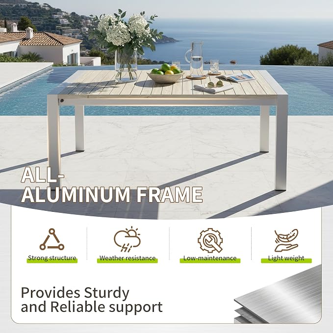 Outdoor Dining Table, Extendable Patio Dining Table for 6-10 People, Aluminum Frame with Wood-Grain Surface Drainage Design, All-Weather Expandable Dining Furniture Set for Garden Lawn Patio