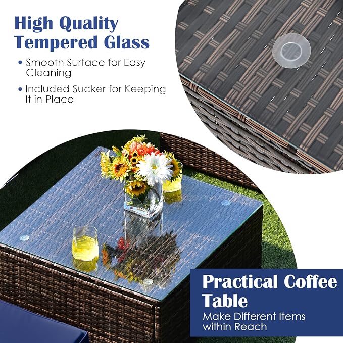 DORTALA 6 Pieces Patio Furniture Set, Outdoor Wicker Conversation Set with Glass Coffee Table, Wicker Sofa Set with Back & Seat Cushions, Rattan Sectional Conversation Couch Set, Navy