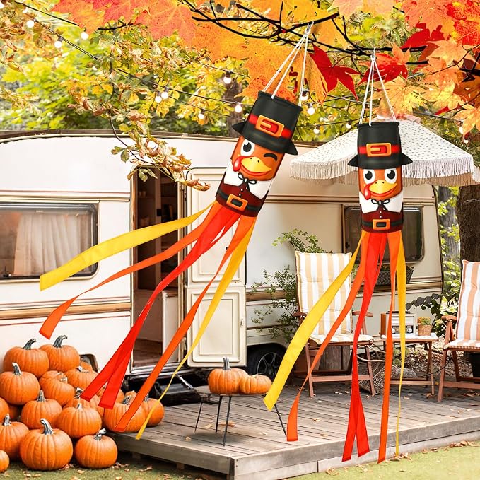 NOVWANG 2 Pcs 40 Inch Turkey Windsocks, Fall Turkey Wind Sock Thanksgiving Outdoor Hanging Flag Autumn Outside Decorations for Garden Lawn Yard Balcony Patio Decor
