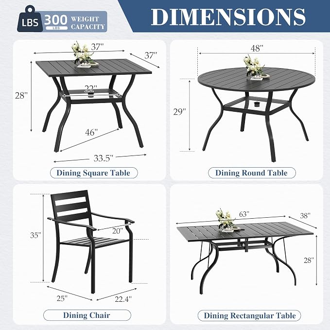 HOMREST 63"x38" Black Patio Outdoor Dining Table Metal Steel Slat Rectangular Bistro Table for Porch Deck Garden Backyard Poolside, 1.6" Umbrella Hole