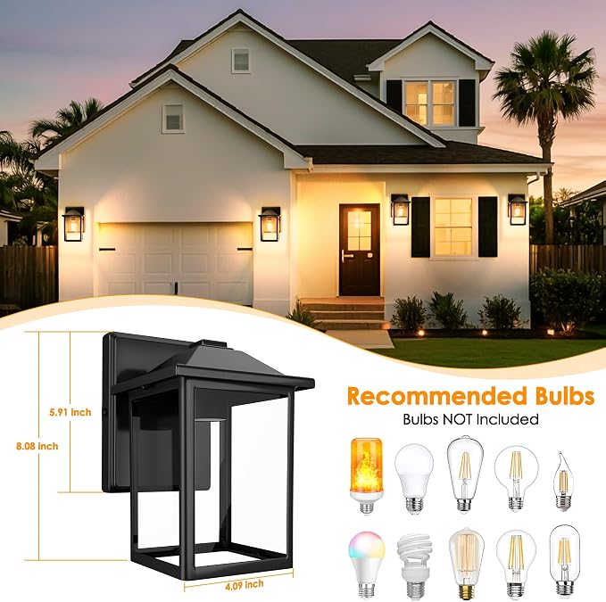 MATAMEYE Outdoor Wall Light Fixture, Exterior Waterproof Porch Lighting | Black Patio Wall Lantern, Anti-Rust, Clear Glass, E26 Socket, Wall Mount Sconce Lighting, Outside Front Door Light Entryway
