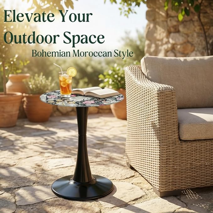 Gesodant 13.4" Outdoor Side Table, Round Patio Bistro Table with Boho Tempered Glass Top, Waterproof Rust-Proof Base, Small Plant Stand for Balcony, Garden, Deck, 21.6" H (William Morris)