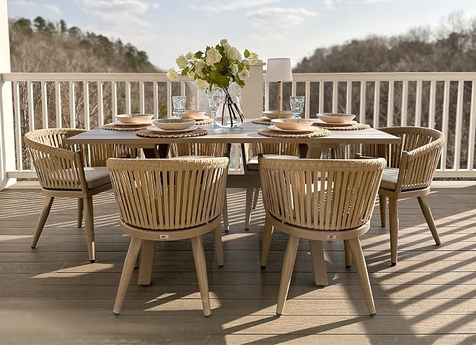 PURPLE LEAF 7 Pieces Outdoor Dining Set with Patio Aluminium Dining Table and Wicker Rattan Chairs Modern Furniture Cushions Sets for Backyard Indoor Decor Kitchen Champagne