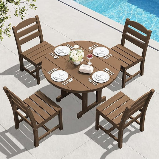SERWALL 5-Piece Patio Dining Sets, HDPE Outdoor Table and Chairs Furniture Set, 45" Round Dining Table and 4 Armless Dining Chairs, Brown