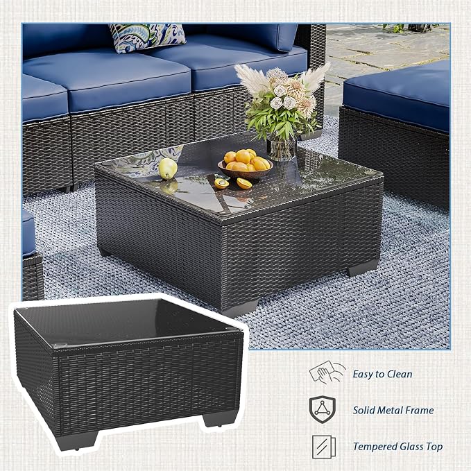 AECOJOY 7 Piece Outdoor Patio Furniture Set, Outdoor Sectional Conversation Furniture Chair with Coffee Table, Patio Sectional for Backyard, Garden(Navy Cushions and Black Rattan, with Cover)