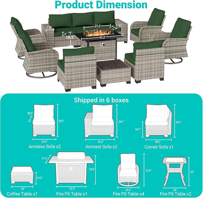 13-Piece Outdoor Patio Furniture Set with Rocking Swivel Chair, PE Wicker Rattan Sectional Sofa Patio Conversation Set with 55,000 BTU Fire Pit Table & Coffee Table, Green