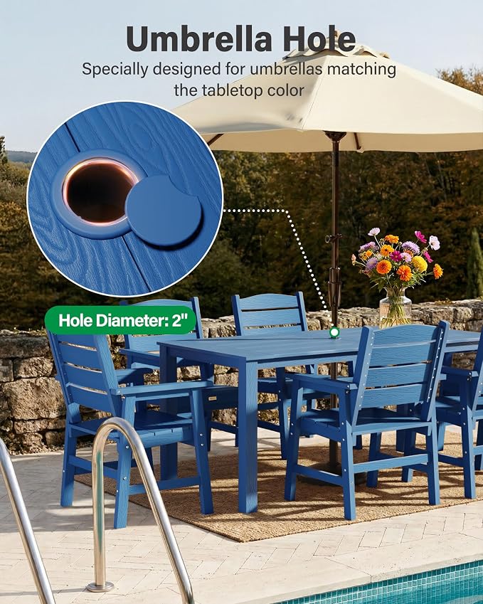 YEFU Outdoor Patio Table HIPS: 67" Rectangle Outdoor Dining Table with Umbrella Hole & Metal Aluminum Frame - All-Weather Patio Dining Table for 6 Person Modern Outside Furniture for Deck Garden Blue