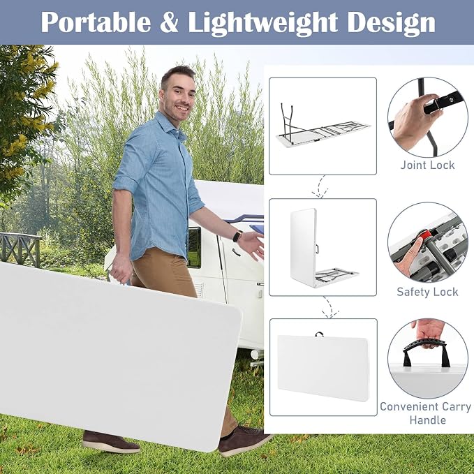 Tangkula 8 FT Folding Table, Indoor Outdoor Foldable Plastic Table with HDPE Tabletop, Sturdy Metal Fame, Carrying Handle, Heavy Duty Portable Fold-in-Half Picnic Table for Camping BBQ Party