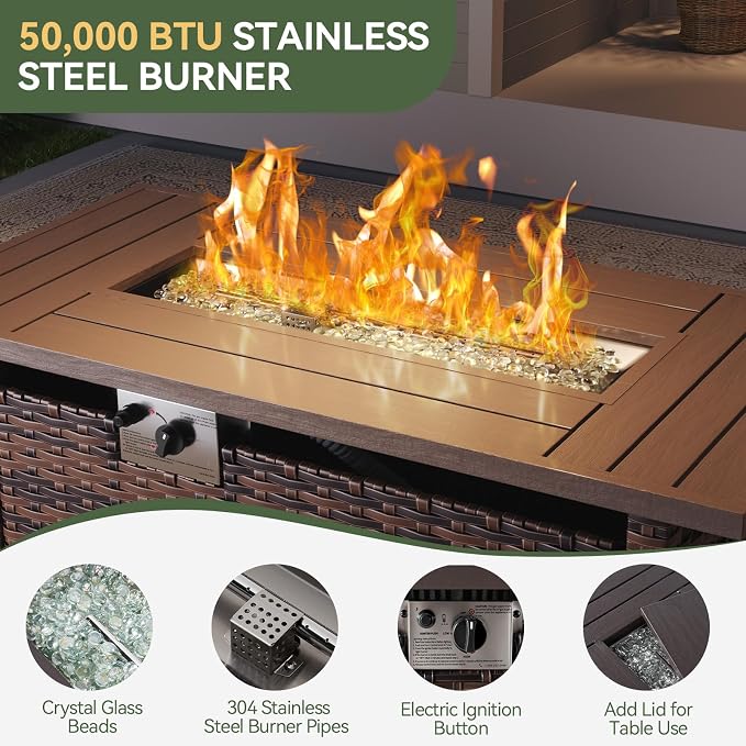 Aoxun Outdoor Patio Furniture Set with 44'' Fire Pit Table, 7 Pcs Outdoor Patio Furniture Sets with 4in Thicken Cushion, Widen Armrests Wicker Outdoor Sectional for Backyard & Garden, Beige