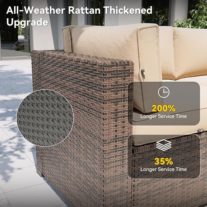 Aoxun Patio Furniture Set, 7 Piece Outdoor Sectional Sofas with Waterprool Cover, Wicker Rattan Outdoor Furniture Patio Conversation Set for Backyard, Garden (Brown Rattan Beige Cushions)