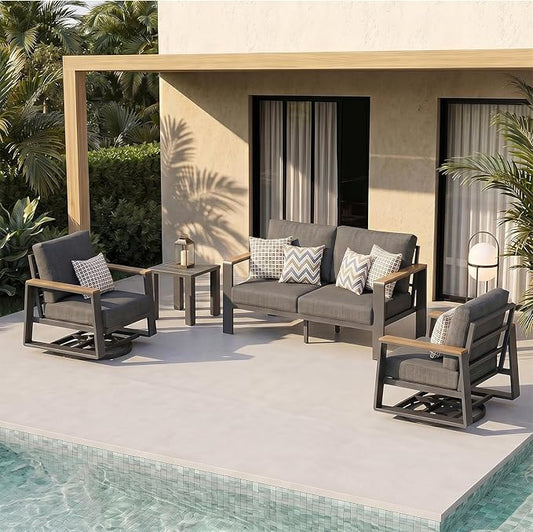 Aluminum Outdoor Patio Furniture Set, 4-Piece Patio Conversation Set with 5" Thick Cushions, Aluminum 360-Degree Large Outdoor Furntiure Set with Side Table and Loveseat, Graphite