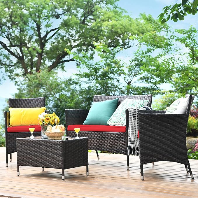 COSTWAY 8PCS Rattan Patio Furniture Set | Outdoor Wicker Rattan Chairs with Coffee Table, Rattan Cushioned Conversation Set for Backyard Balcony Poolside, Red