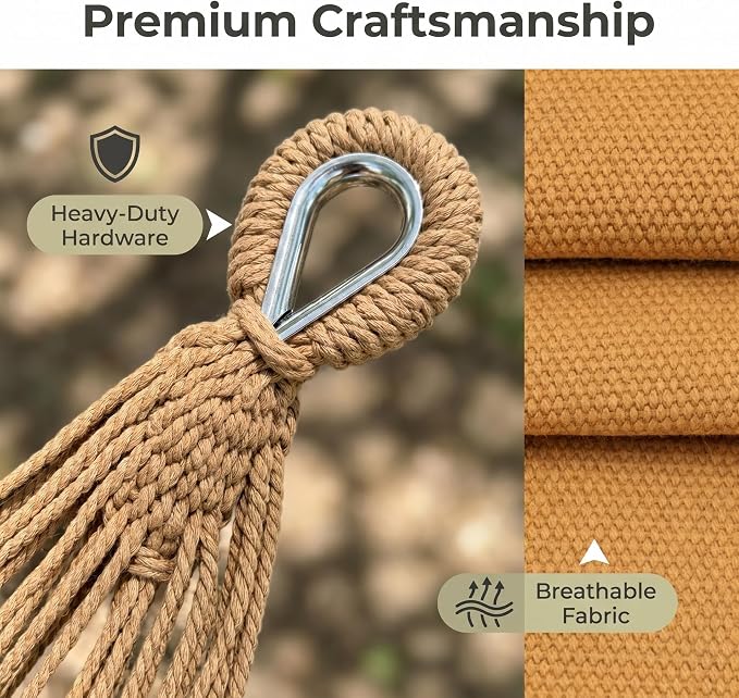 Boho Fringe Hammock with Carry Bag and 2 Tree Straps, 2 Person Fabric Hammock, 500 lb Capacity for Backyard, Porch, Patio, Camping, Indoor Outdoor Use